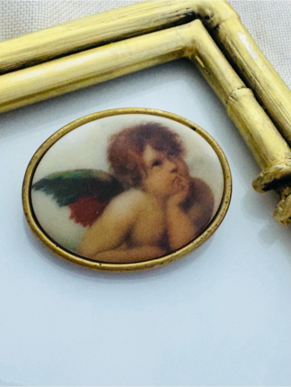 Vintage Cherub Angel Porcelain Oval Brooch in Brass CottageCore Romantic